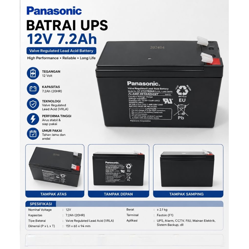 Batre Battery Baterai UPS Panasonic 12V 12 V 12Volt 7.2AH 7Ah  12 VOLT