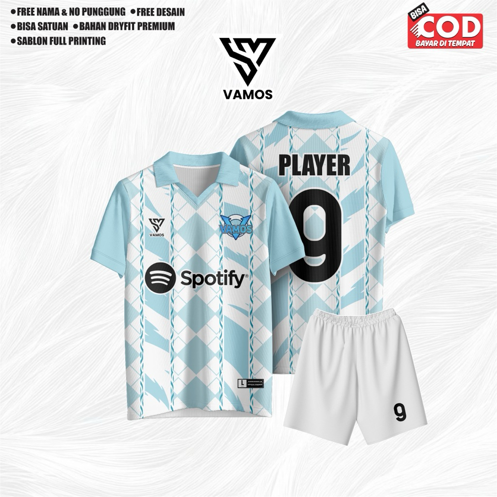Vamos Apparel Jersey Custom Biru Muda Putih Keren Full printing Terbaru Volly Futsal Sepak Bola Badm