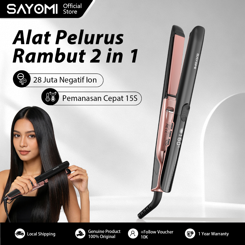 SAYOMI S3207 Catokan Rambut 2 in 1 - Pelurus & Pengeriting Rambut dengan 28 Juta Negatif Ion Keratin