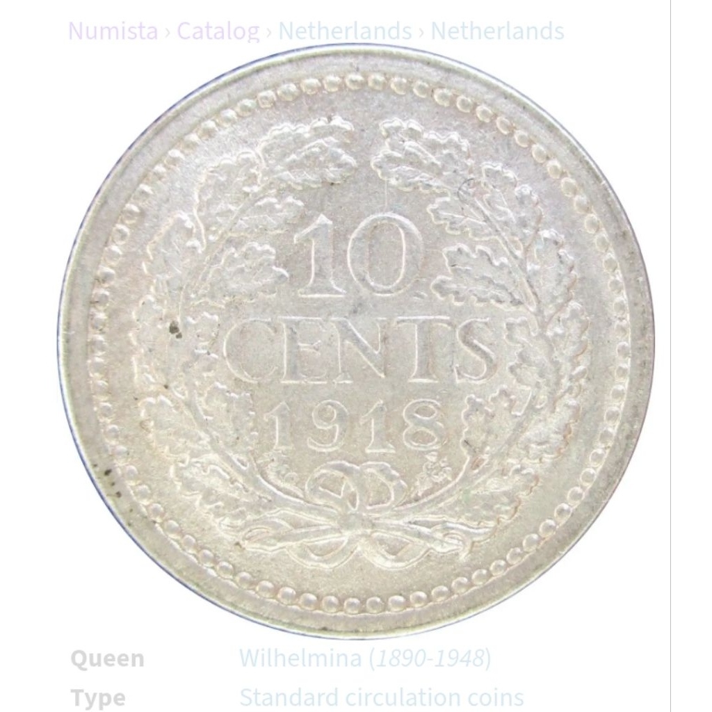 Uang Koin Kuno Perak Belanda 10 Cent 1918 Wilhelmina