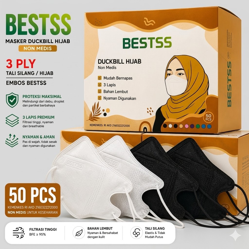 MUSO | Masker Duckbill Hijab FM / BEST 1Box Isi 50Pcs Masker Duckbill Headloop HIjab Disposable Puti