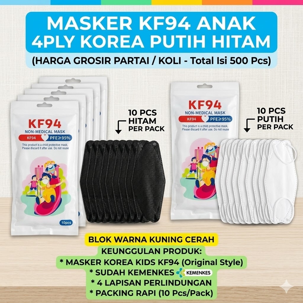 HML | MASKER KF94 ANAK POLOS PUTIH HITAM ISI 10PC - MASKER KF94 ANAK KIDS EVO 4PLY WARNA