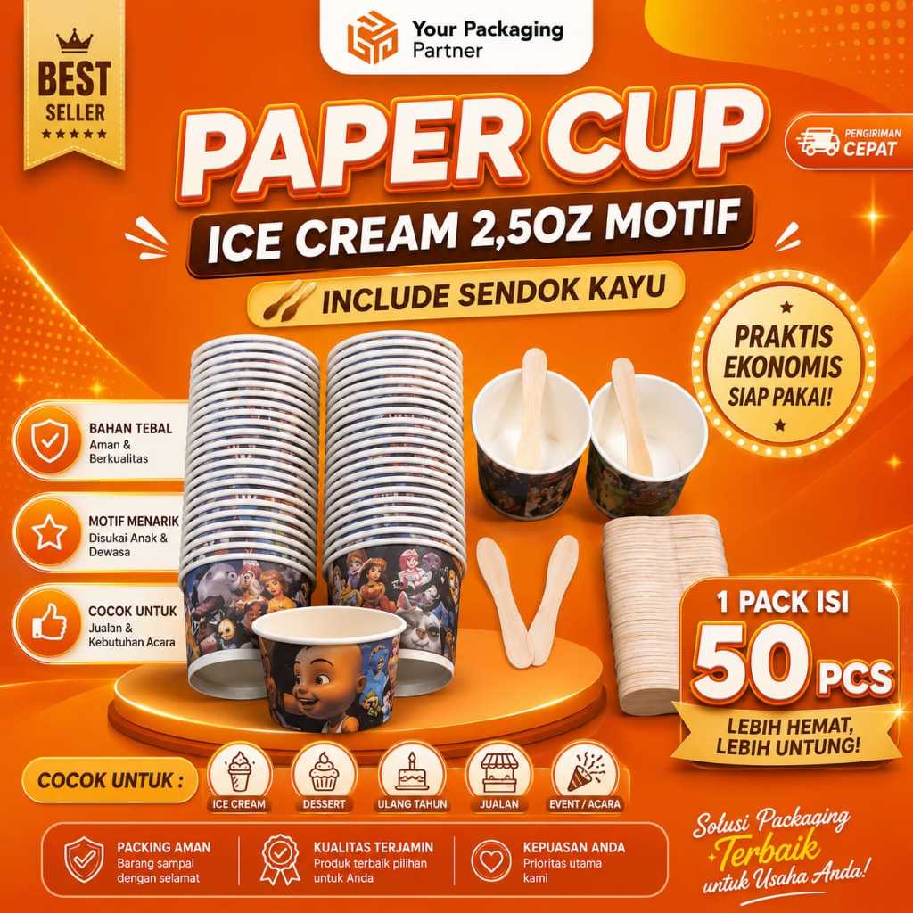 Kodok Belishop_ Paper Cup Ice Cream 2,5Oz Motif + Sendok Isi 50 Pcs/ Gelas Kertas 2Oz