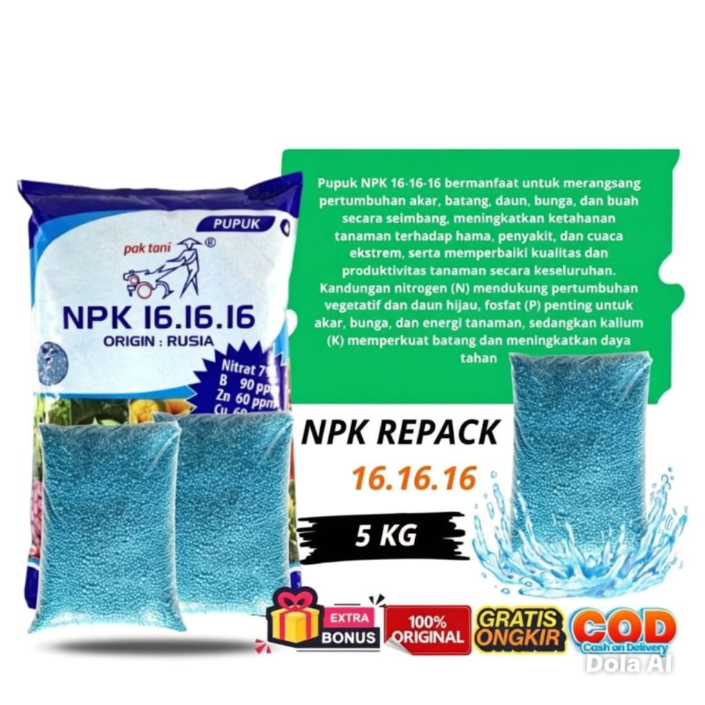 PUPUK NPK MUTIARA NPK 16-16-16,  5KG PAK TANI REPACK