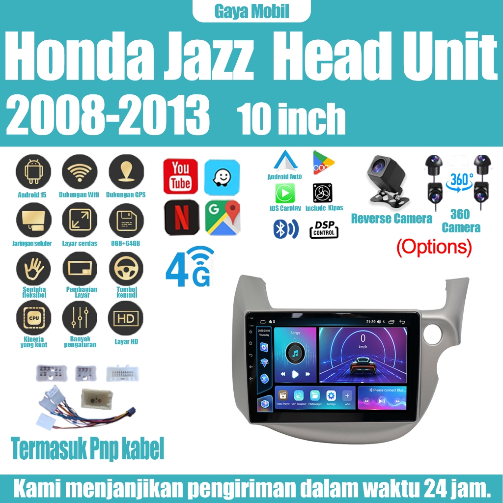 Untuk Honda Jazz 2008-2013 10’’ 8+64G / 8+128G Head Unit Android 15 10inch IPS Screen Termasuk Frame