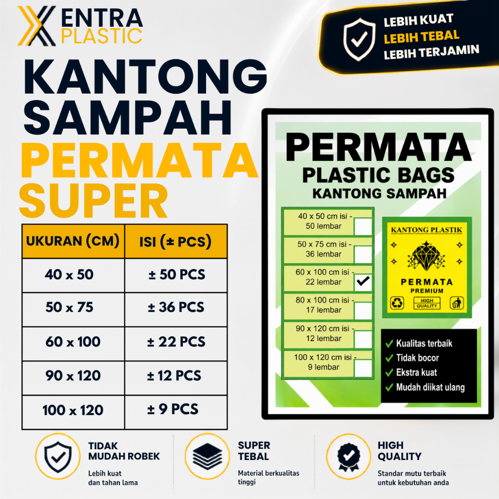 Plastik Sampah Hitam Permata HDPE 50 Mikron Premium | Kantong Sampah Trash Bag Jumbo Tebal Anti Boco