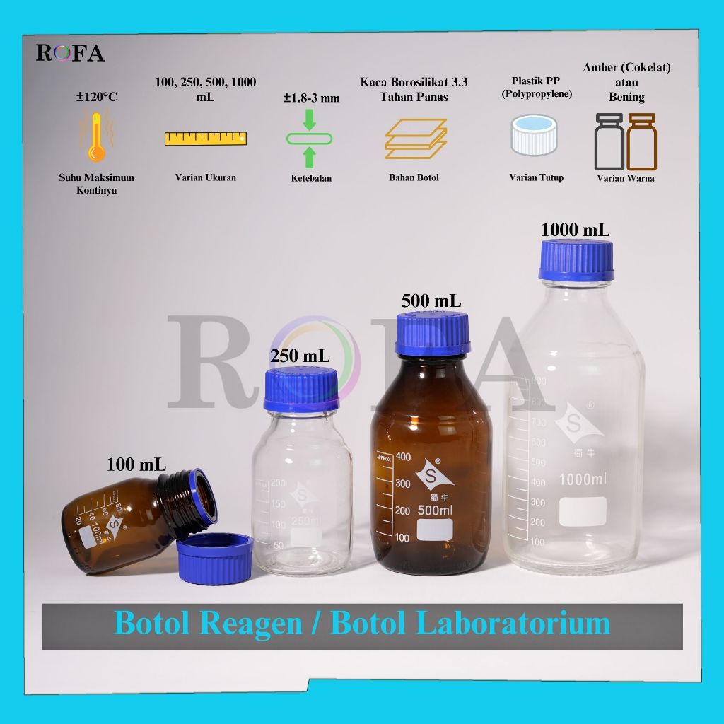 Botol Reagen / Botol Laboratorium / Botol Kimia / Botol Sampel Tutup Ulir Tahan Panas 100 mL - 1000 