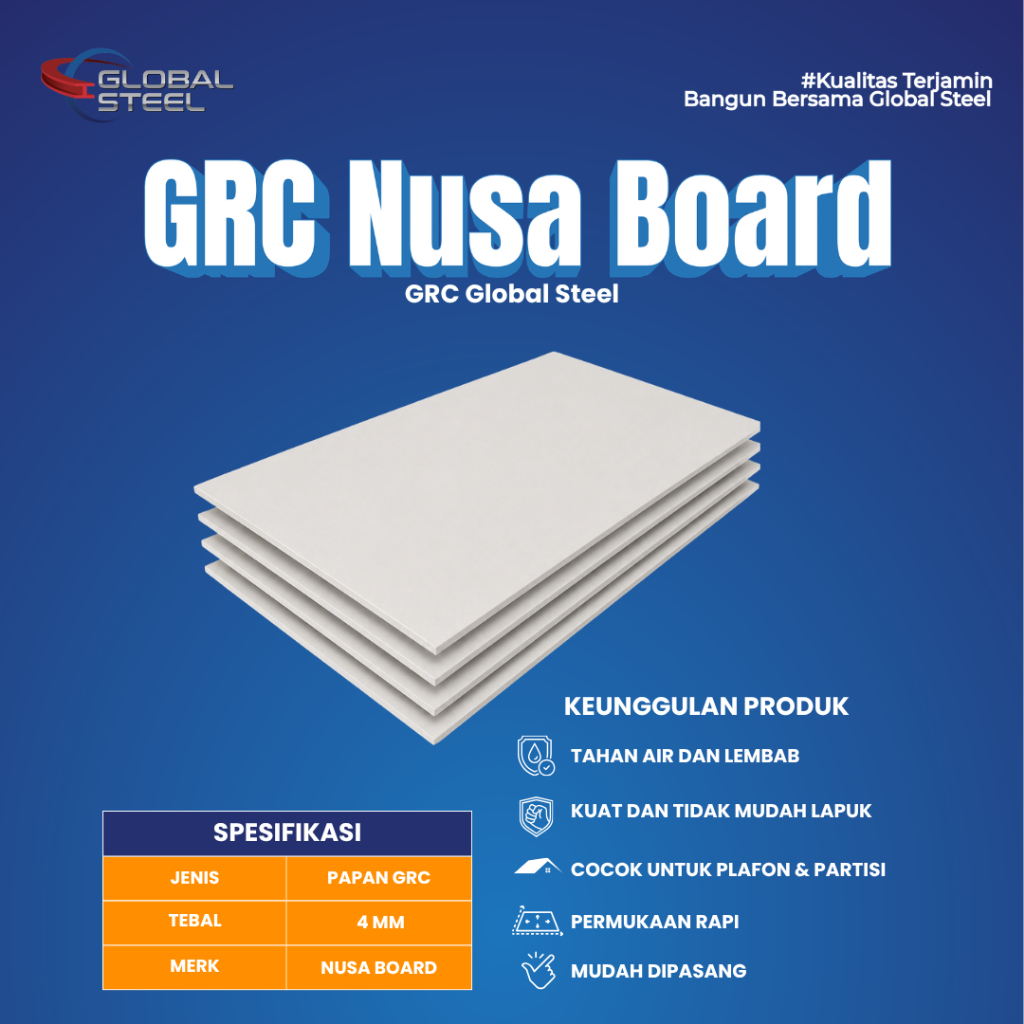 Global Steel - GRC Nusa Board Tebal 4mm – Papan GRC untuk Dinding & Plafon Kuat, Tahan Air & Anti Ra