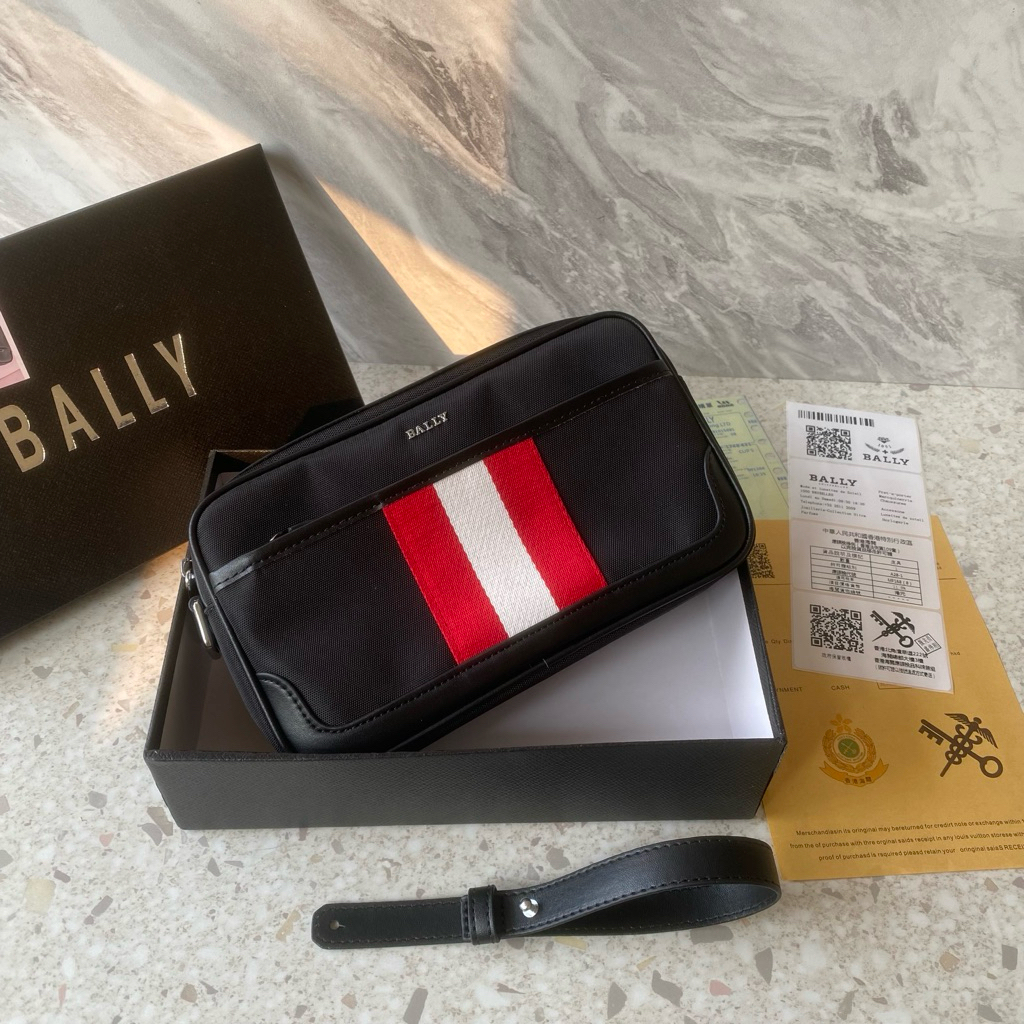 POUCH PRIA BALLY PREMIUM MOTIF STRIPE TAS CLUTCH WRISTLET BAHAN NYLON KOMBINASI KULIT HITAM FREE BOX