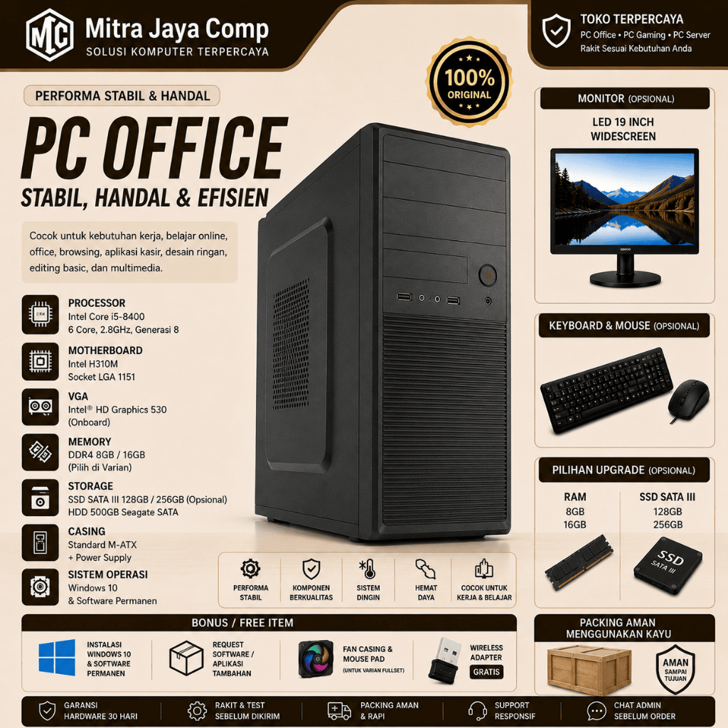 PC RAKITAN Office Fullset Core i5 8400 DDR4 16GB HDD SSD Monitor 19 Inch