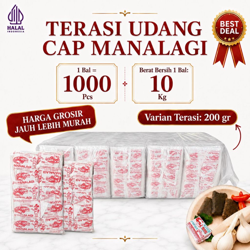 GROSIR TERASI UDANG SACHET KHAS CIREBON CAP MANALAGI 555 | 1 Box = 10 kg, Isi 1000 pcs | 10 gr / pcs