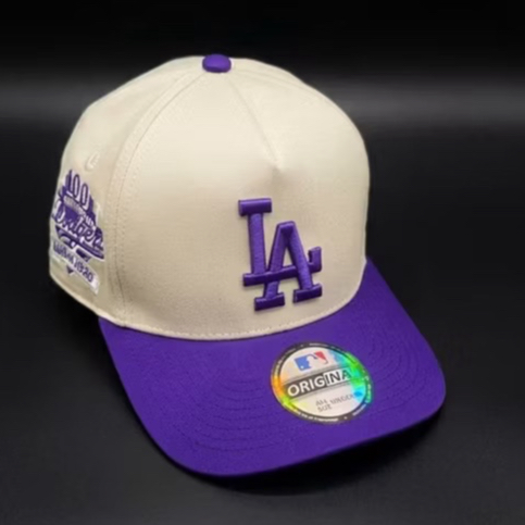 TOPI BASEBALL MLB LA LOGO SIMPLE ORIGINAL CREAM PURPLE CAPS / TOPI PRIA WANITA BISA COD / FULL SET