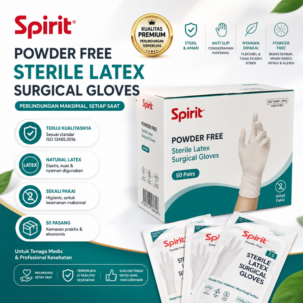 SPIRIT Sarung Tangan Bedah Steril Surgical Gloves Powder Free Latex Handscoon Sterile 1 Box 50 Pcs S