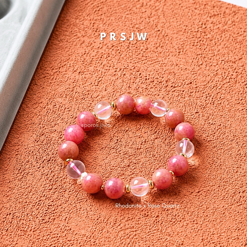 Rhodonite x Rose Quartz - Crystal Bracelet, Gelang Batu Alam Asli