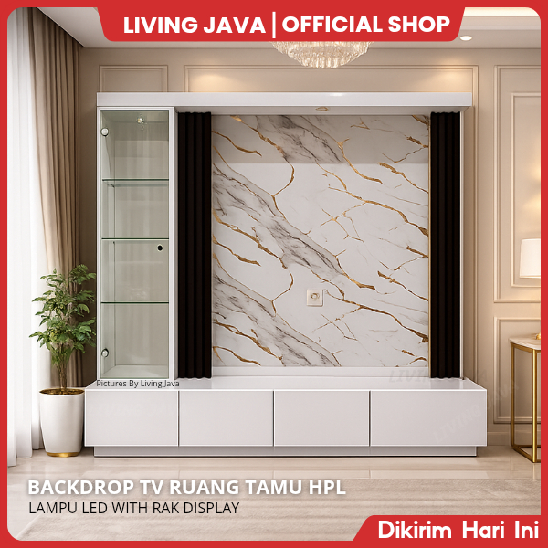 Living Java Backdrop TV Mewah Minimalis Putih Marmer + Lemari Kaca Display [Khusus Bandung]