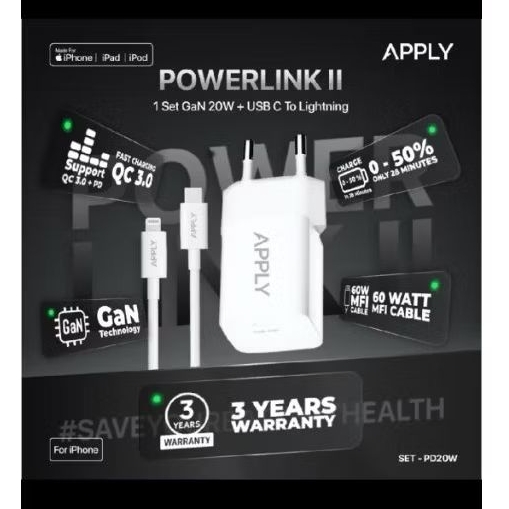 Apply Charger IPHONE 1 set. MFI POWERLINK charger iphone PD20W+MFI cable lightning 60W