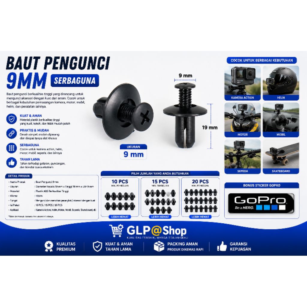 Baut Pengunci/Push Rivet/Klip Body Motor/Klip Body Mobil Push Rivet 6mm & Push Rivet 9mm