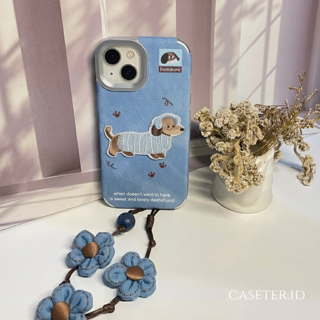 Case Iphone Lucu Berbahan Denim Dengan Strap Bunga Iphone 11/Iphone 13/Iphone 13 Pro/Iphone 15/Iphon