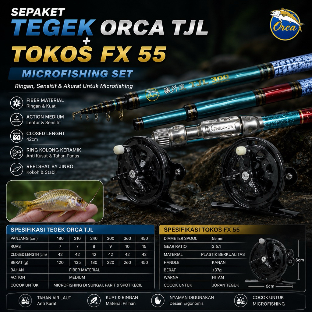 Sepaket Joran tegek Kolong Orca TJL dan Reel Tokos FX55 (Gratis Kail 1 Pack)