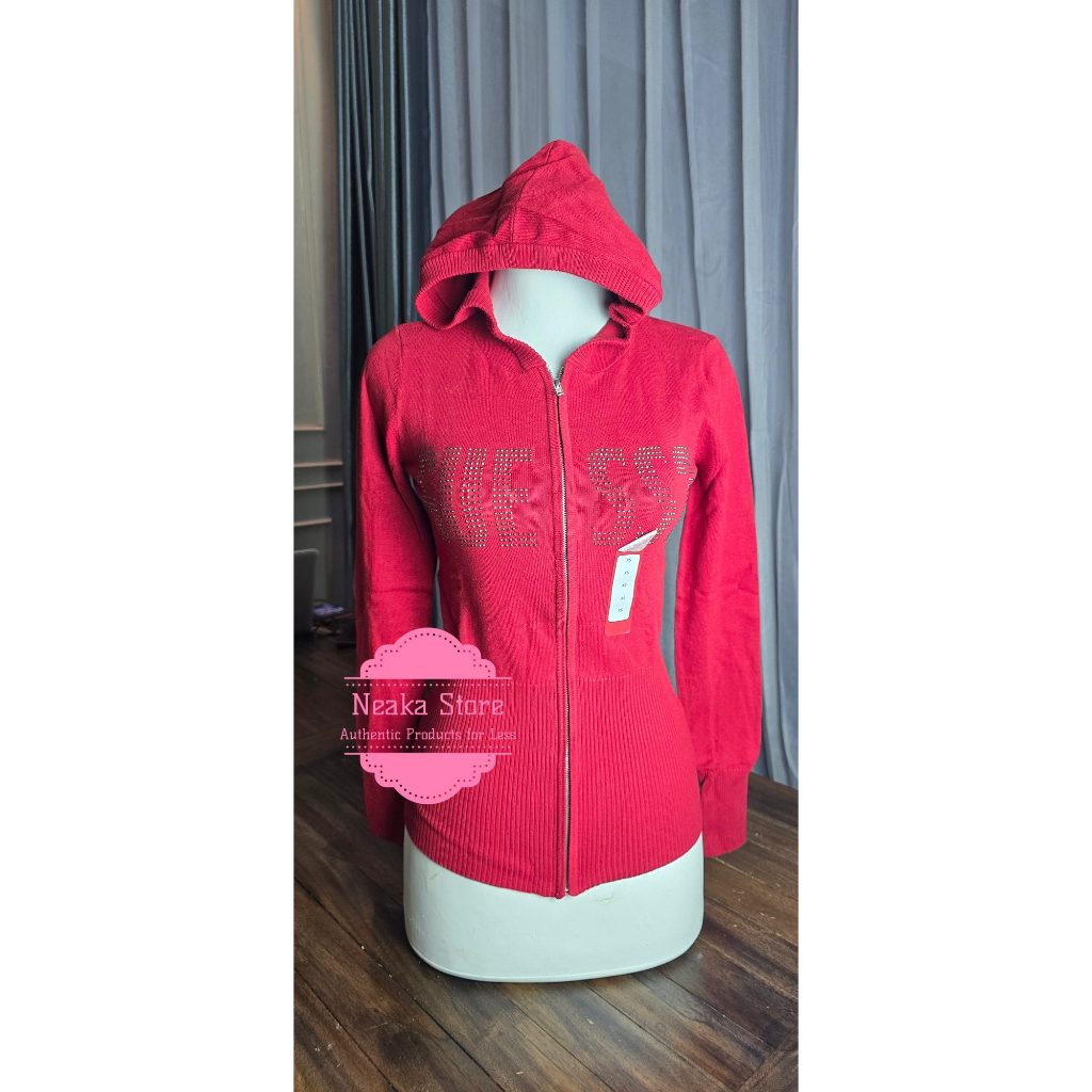 Baju sweater untuk wanita Guess madelaine zip - merah