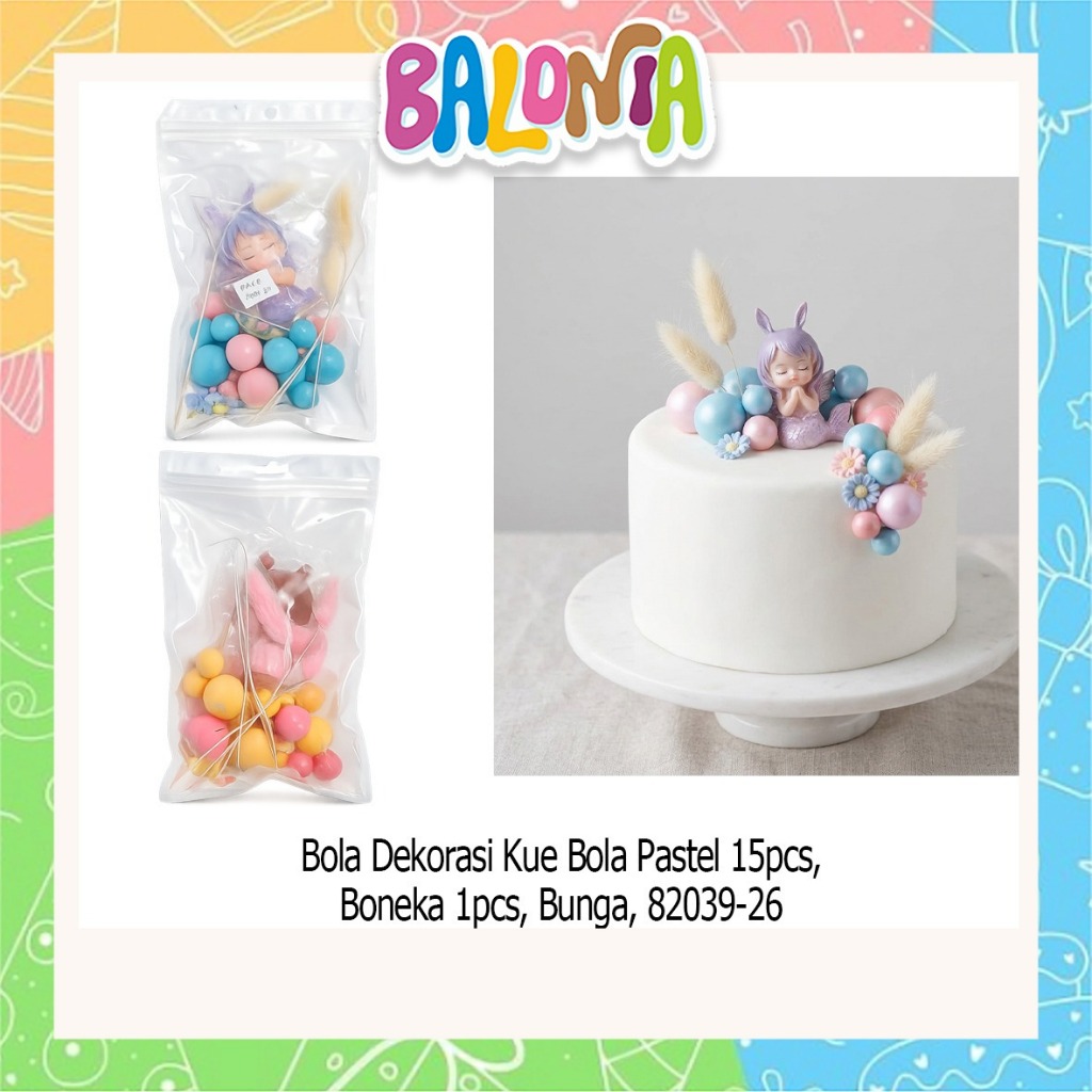 Bola Dekorasi kue bola pastel 15pcs, boneka 1pcs, bunga, cake topper, hiasan ultah, topper ulangtahu