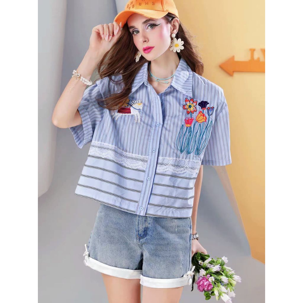TP1300 Atasan Kemeja Motif Bunga Korea