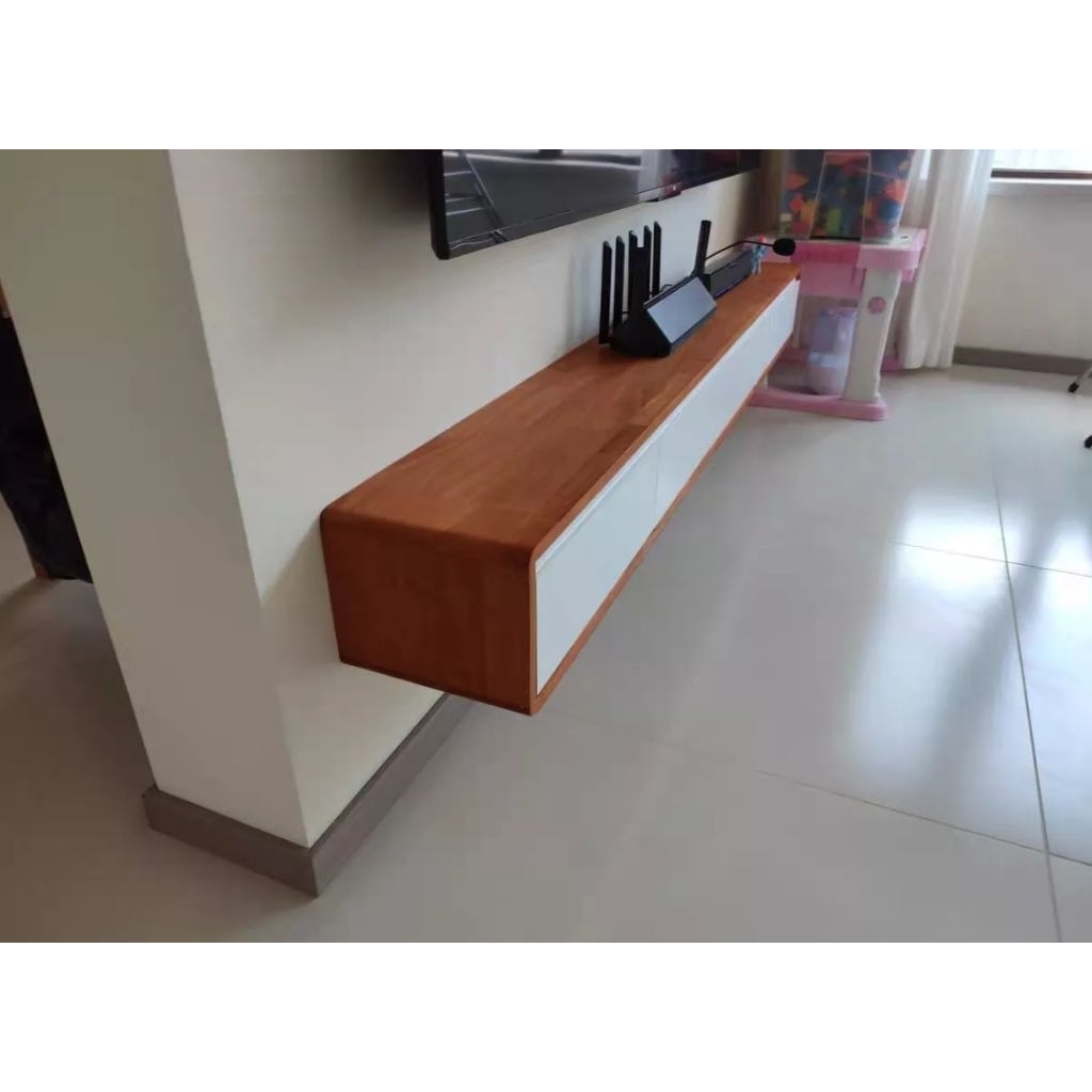 Meja TV Gantung Minimalis Kayu Jati Solid Natural Pintu Putih