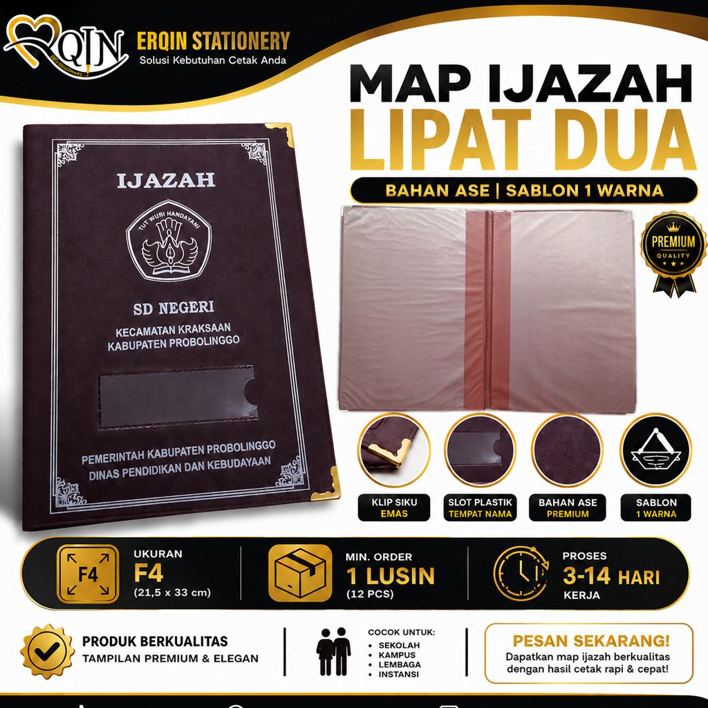 Map Ijazah Bahan Ase Tebal, Lipat Dua, Sablon Satu Warna, Slot Nama Depan.