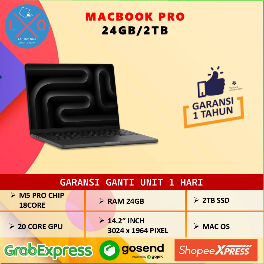 MaCbook Pro M5 Pro 2026 14.0 inci 18C CPU, 20C GPU, 24GB 2TB BNIB RESMI