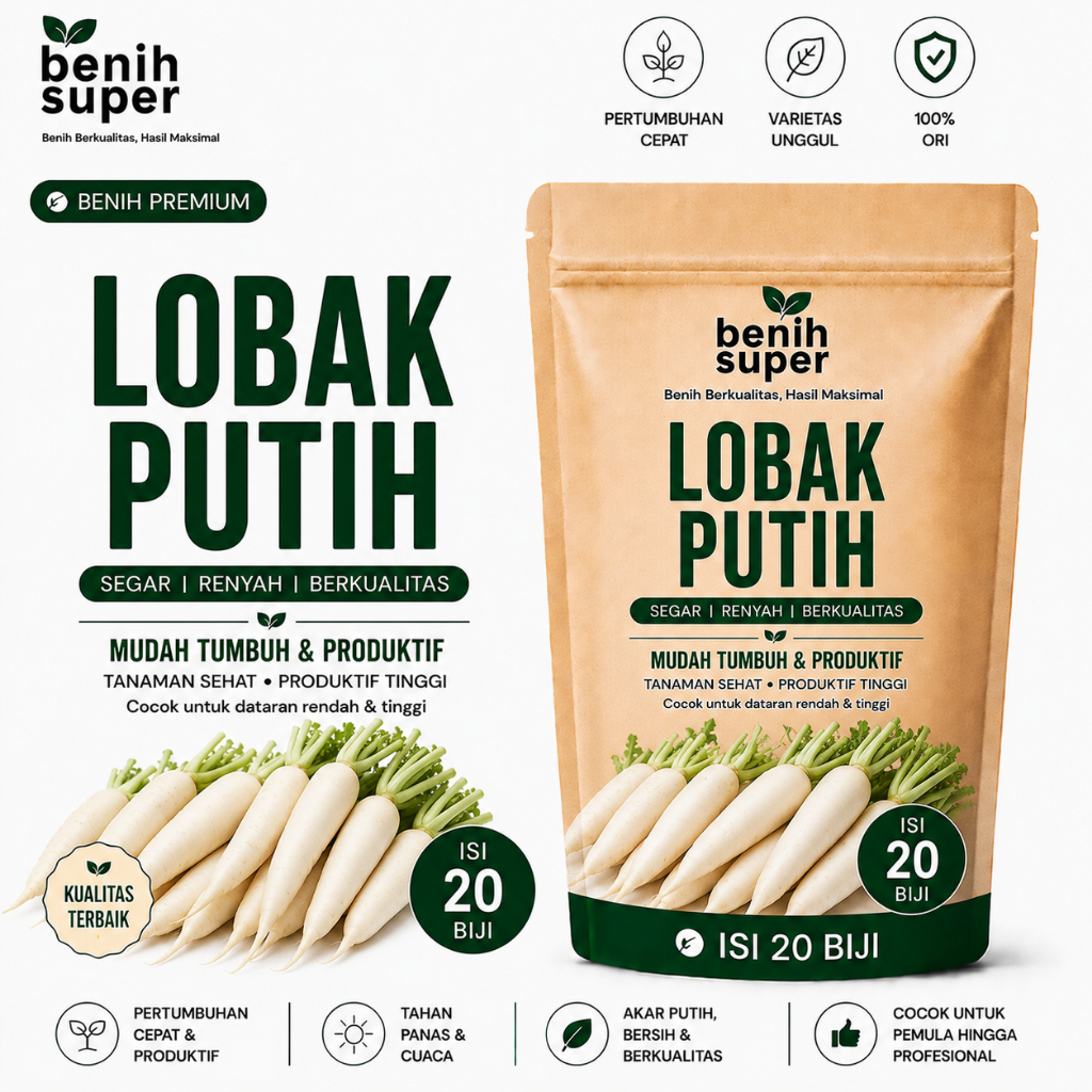 Benih super 20 Biji - Benih lobak putih  Berkwalitas Unggul