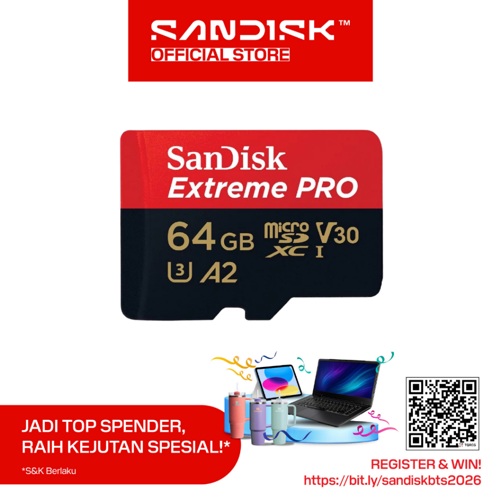 SANDISK microSDXC Extreme Pro 64GB Class 10 UHS-I A2 V30 U3 4K UHD Action Cam (Up to 200MB/s)