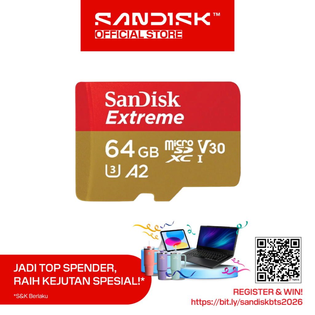 SANDISK microSDXC Extreme 64GB Class 10 UHS-I A2 V30 U3 4K UHD Drone (Up to 170MB/s)