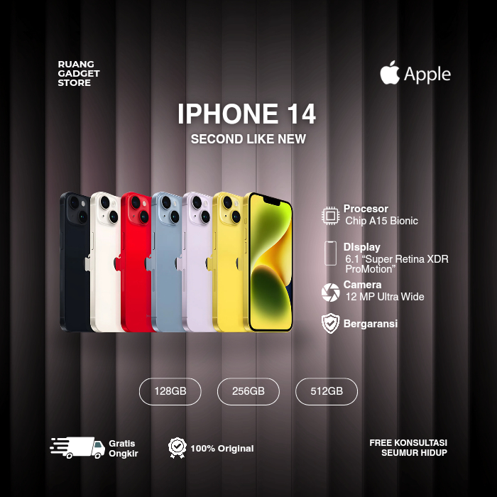 IPHONE 14  SECOND LIKE NEW - BEACUKAI - IBOX 128GB 256GB Hitam  Kuning Ungu Merah Putih