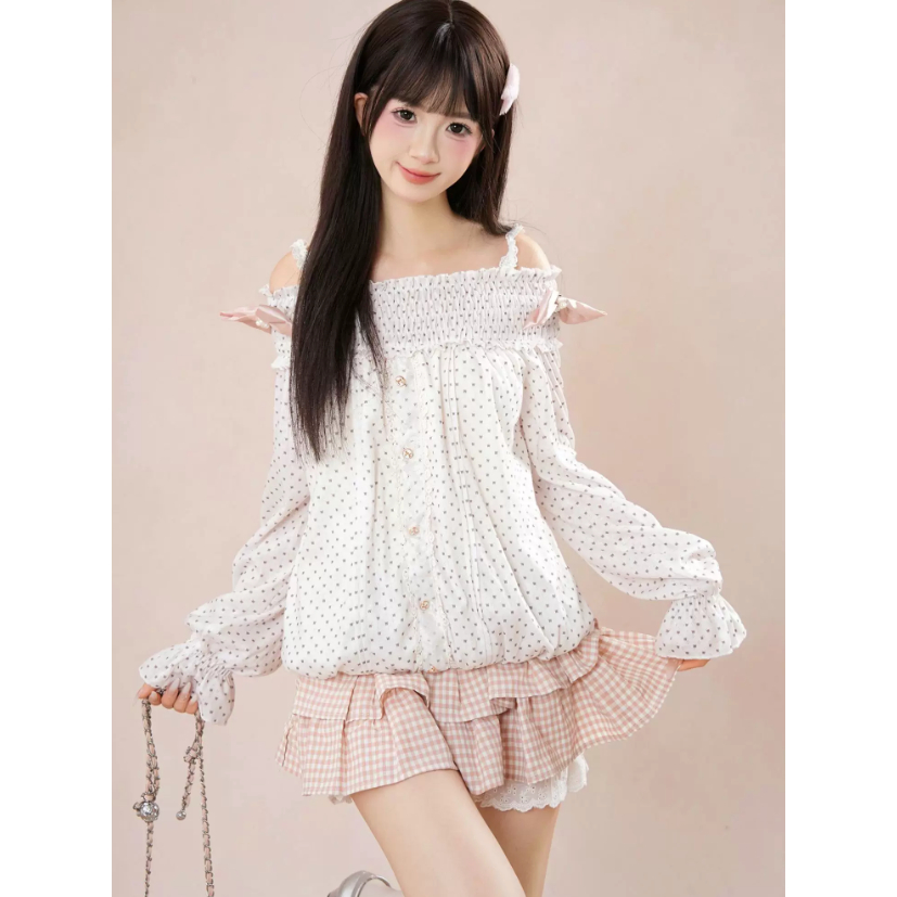 SET WANITA JEPANG 2 PCS | ATASAN SABRINA POLKADOT | ROK MINI KOTAK-KOTAK | SOFT GIRL LOOK