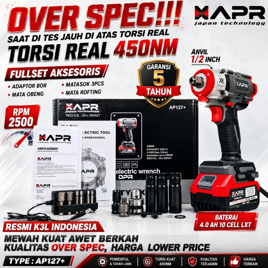 BOR IMPACT WRENCH BATERAI APR AP127+ 650NM  POWERTOOLS OFFICIAL BOR CORDLESS IMPACT WRENCH