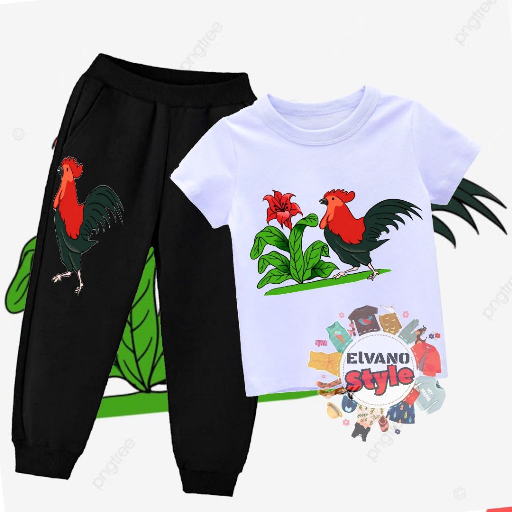 Stelan Baju Anak Kaos Dan Celan Joger Motip Logo Mangkok Ayam Jago