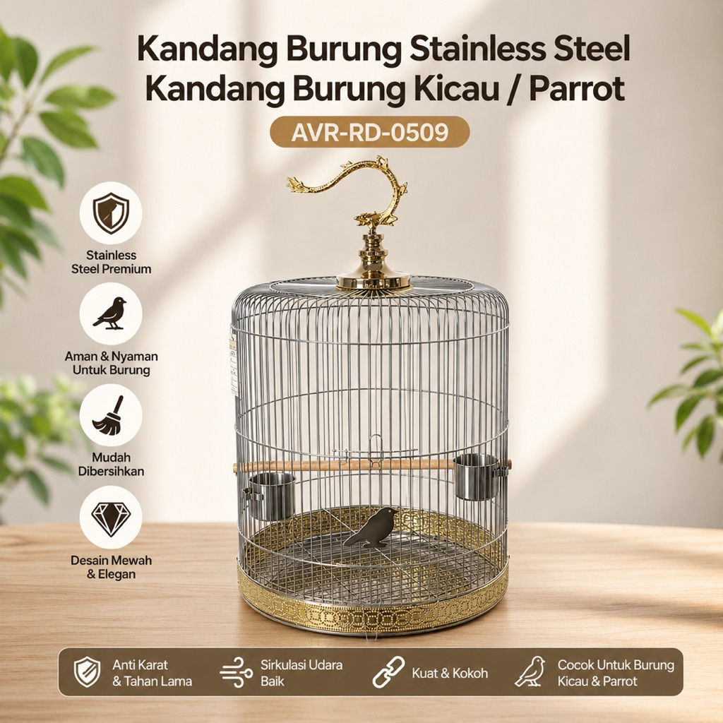 Kandang Burung Stainless Steel Bulat Sangkar Burung Kicau Model Cungko Wambie Kacer / Parrot AVR-RD-