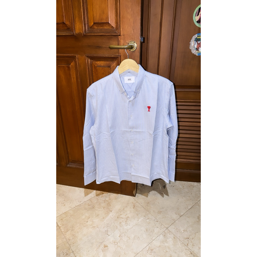 Kemeja AMI Paris Alexandre Mattiussi Stripe Blue Oxford Shirt Salur Garis Biru