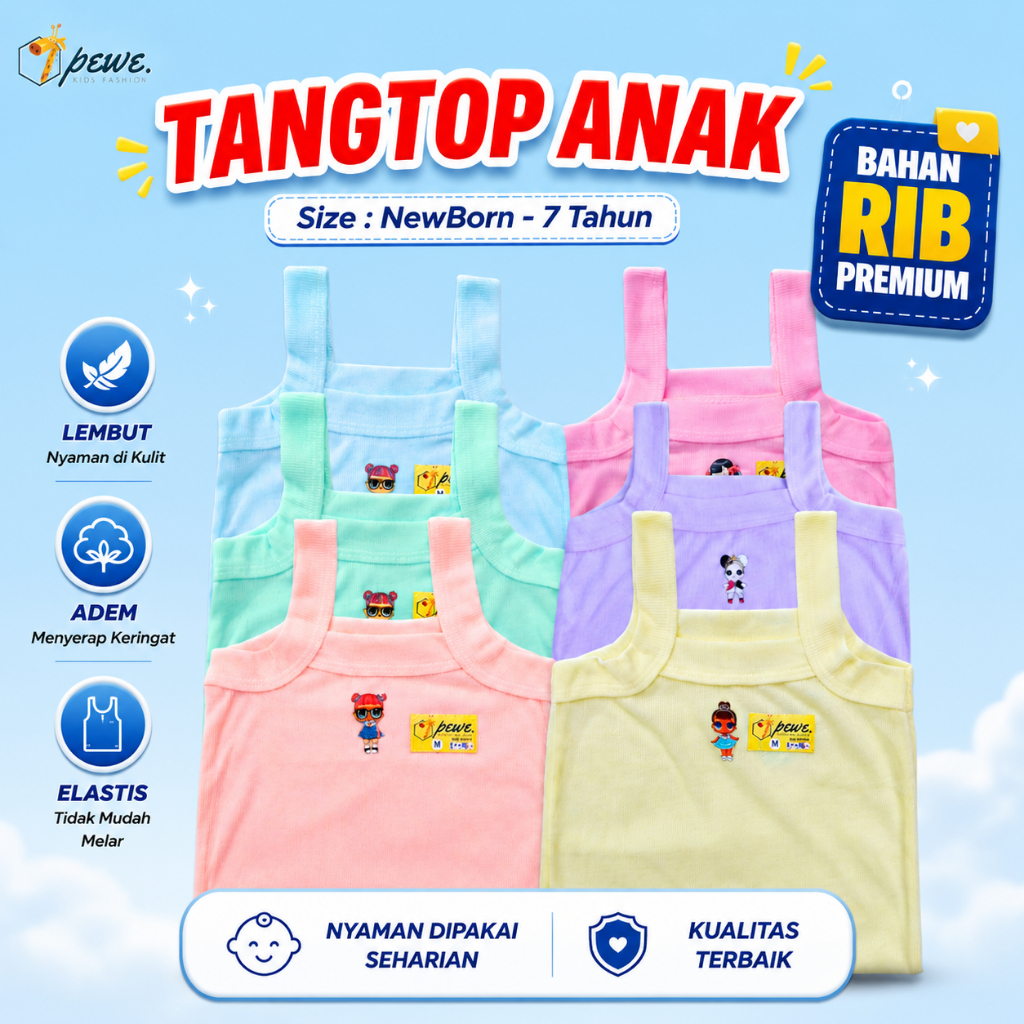 12 Pcs Singlet Kaos Dalam Anak Dan Bayi Bahan Rib Katun Warna Polos Karakter Cewek