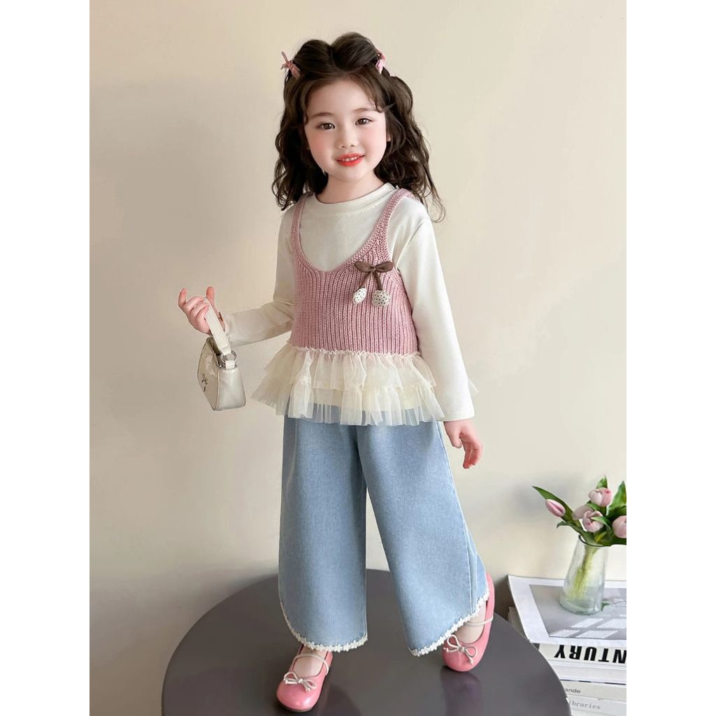 (COD) 3-7 Tahun Setelan Jeans 3 in 1 Vest Rajut Anak Import// Baju Anak Luxury// Baju Anak Perempuan