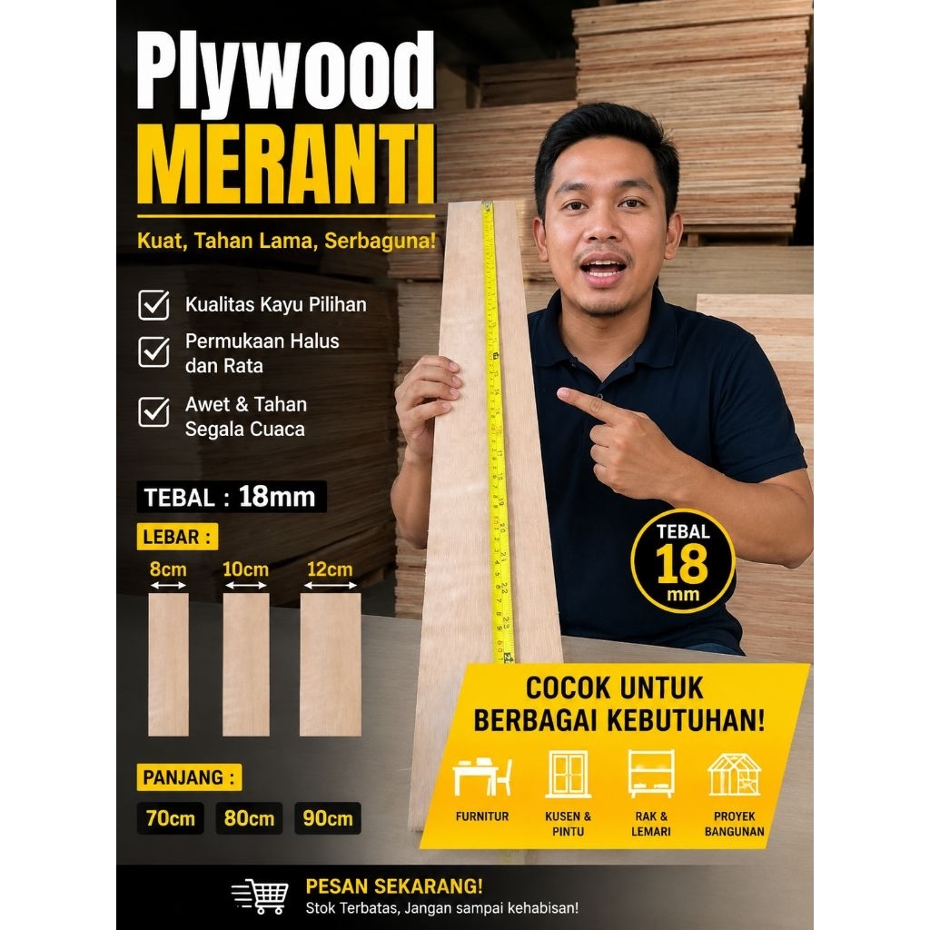 Triplek Meranti 18mm Potongan Lebar 8,10,12cm