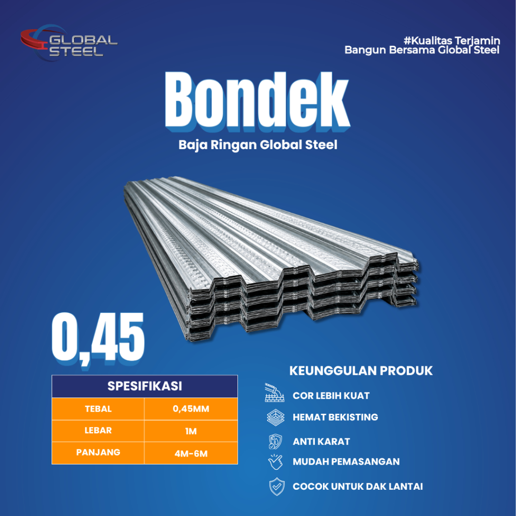 Global Steel - Bondek Cor 0.45 mm – Bondek Floor Deck Galvanis untuk Cor Beton / Dak Lantai Kuat & T