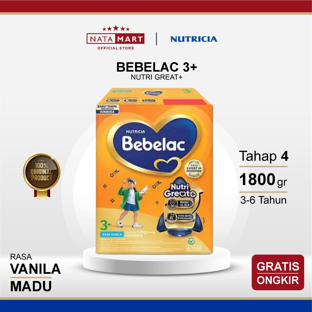 BEBELAC 3+ NUTRI GREAT+ 3-6 TAHUN 1800G / 1.8KG VANILA ATAU MADU TAHAP 4