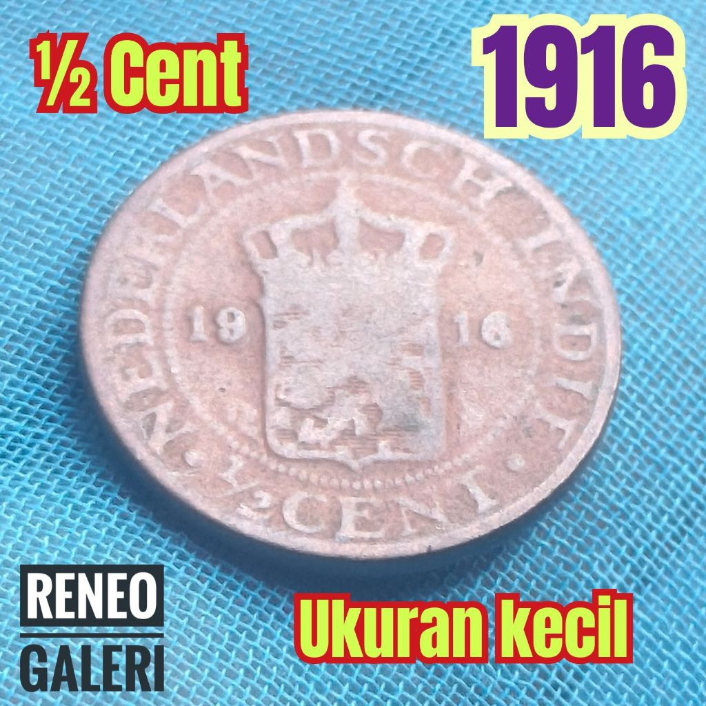 Koin kecil ½ Cent tahun 1916 asli 1/2 Nederlandsch indie 0,5 sen setengah uang kuno jaman Hindia Bel