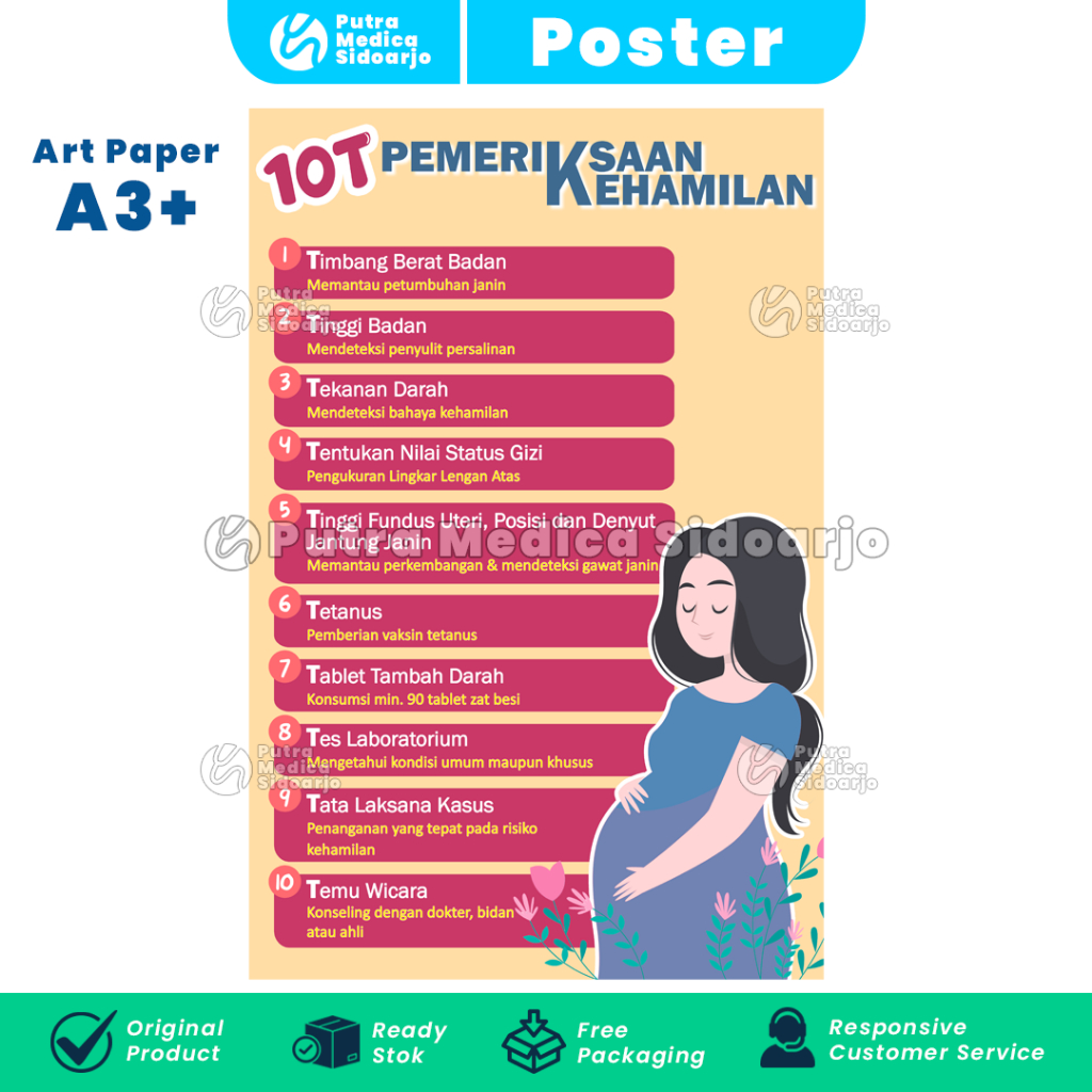 Poster Kesehatan 10T Pemeriksaan Kehamilan A3+ / Gambar Edukasi Kebidanan / Persiapan Persalinan