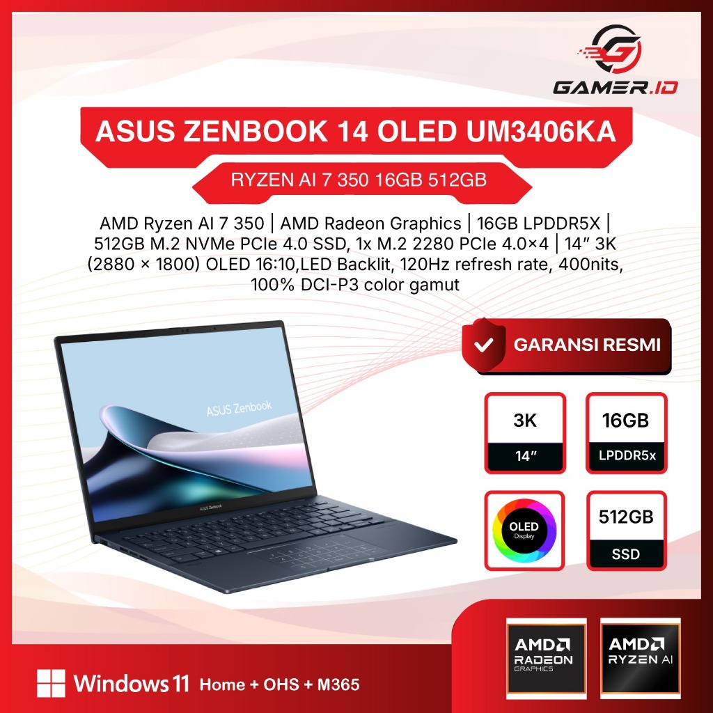 ASUS ZENBOOK 14 OLED UM3406KA RYZEN AI 7 350 16GB 512GB W11+OHS+M365B 14.0 2K BLK -OLED7151M