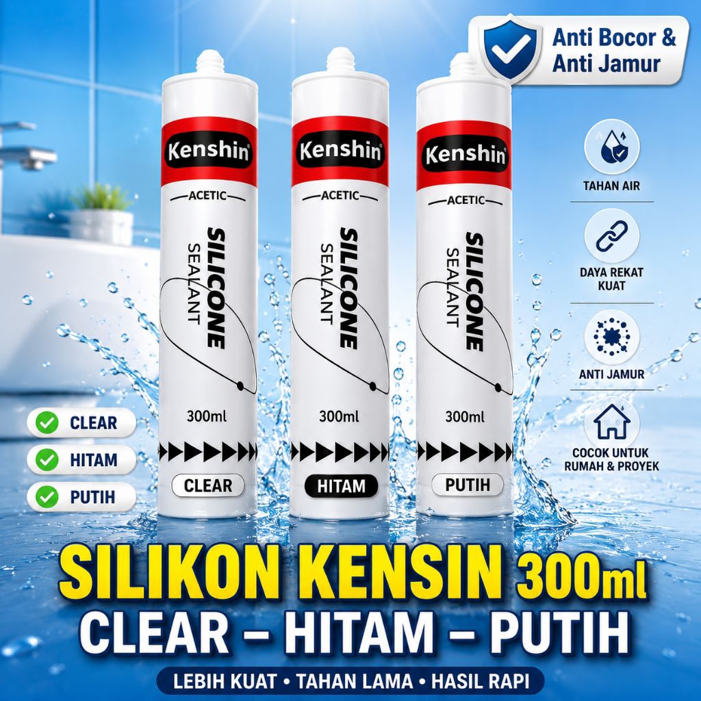 Kenshin Sealant Silikon Asetat 300ml Waterproof Anti Jamur Lem Kaca Bening Hitam Putih