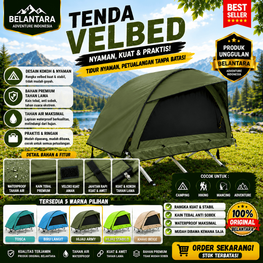 Tenda Velbed Single Waterproof Bahan WP Taslan Ringan Traveling Offroader Camping Solo Tent Hijau Ar