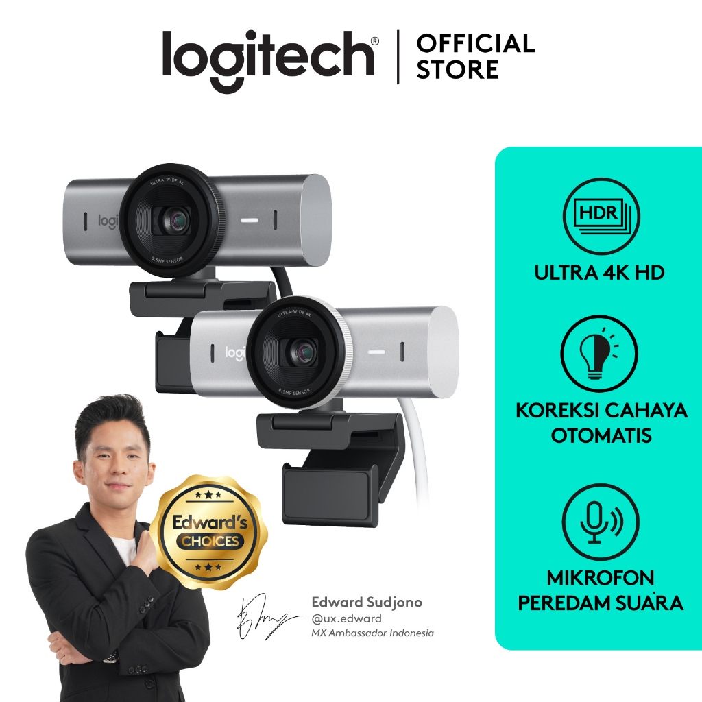 Logitech MX Brio Webcam Streaming & Kolaborasi dilengkapi dengan Ultra HD 4K, 1080p pada 60 FPS, Mik