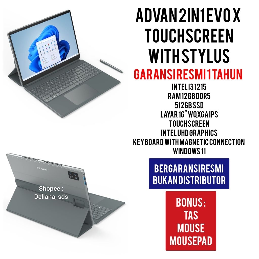 Laptop Advan 2in1 Evo X Touchscreen with Stylus Intel i3 1215U 16" WQXGA IPS Garansi Resmi 1 Tahun L